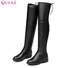QUTAA/; женские сапоги до колена; женская обувь из натуральной кожи на высоком квадратном каблуке и молнии; женские мотоботы; размеры 34-43