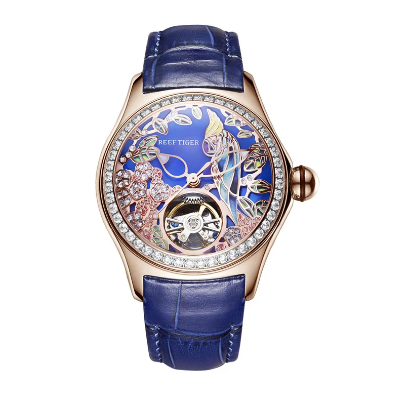 Риф Тигр/RT синий циферблат модные часы для женщин кожаный ремешок водонепроницаемые автоматические часы с бриллиантами турбийон часы RGA7105 - Цвет: RGA7105-PLLD