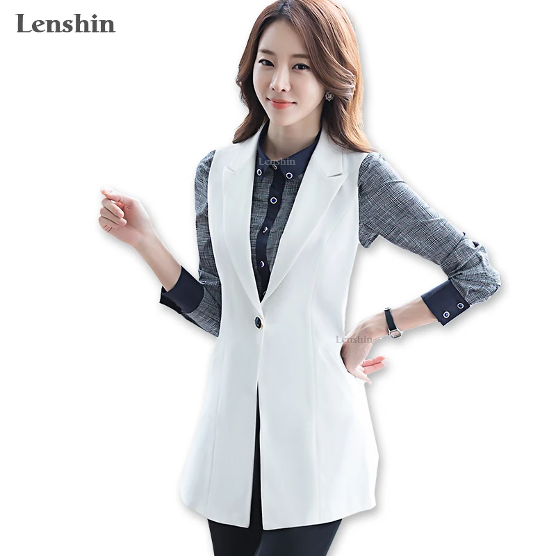 Lenshin White Long Vest Double Pocket Top Formal Waistcoat Office Lady
