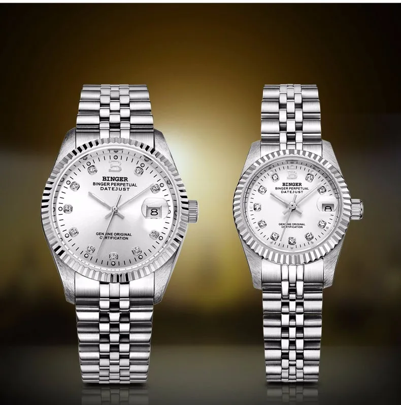 Оригинальные Роскошные Брендовые мужские и женские Автоматические Механические парные часы Бингер, водонепроницаемые стальные деловые повседневные Модные настольные часы