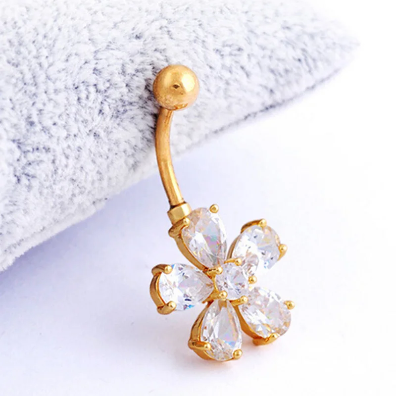 1PC Clear Crystal Flower Shape Navel Ring Stainless Steel Piercing Belly Button Rings Body Jewelry for Women Gift Fashion