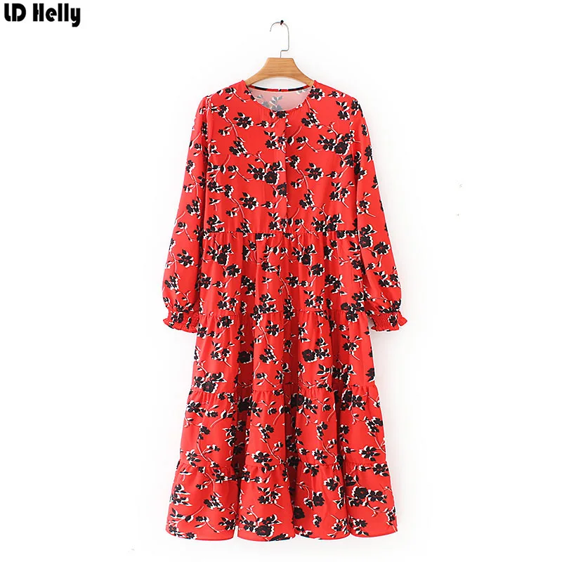 

LD Helly 2019 Retro Women Floral Print Red Shirt Dress Long Sleeve O Neck Pleated Female Mid Calf MiDi Dresses Vestidos Mujer