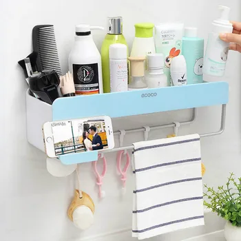 

Bathroom Shelf Storage Organizer Adhesive Shower Caddy Wall Mount Rack Holder with Towel Bar and Hanger Hooks for Shampoo Combo