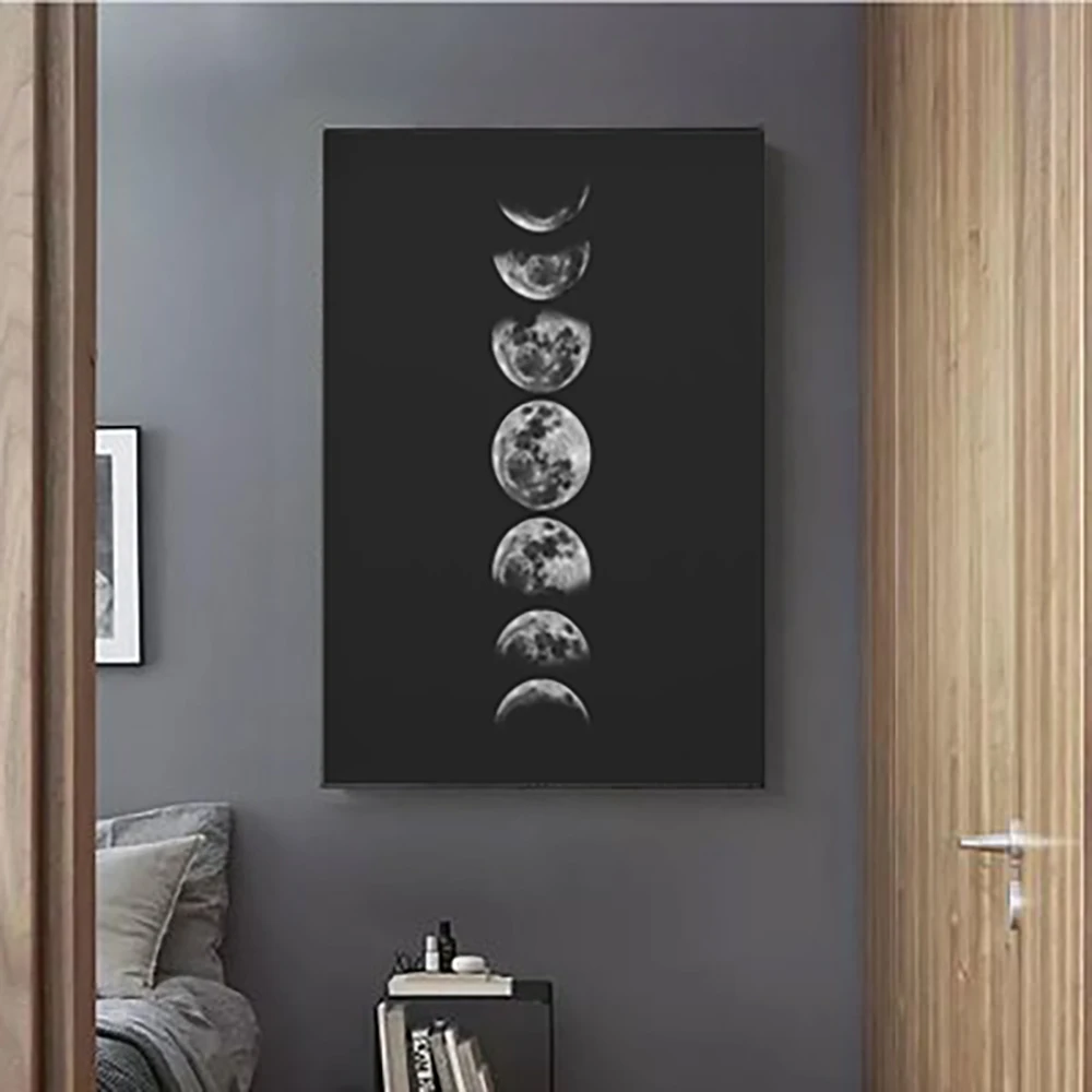 Full Moon Poster Art Black White Moon Phase Decor Painting Solar System Canvas Painting Decor No Picture Frame Home Gallery Deco