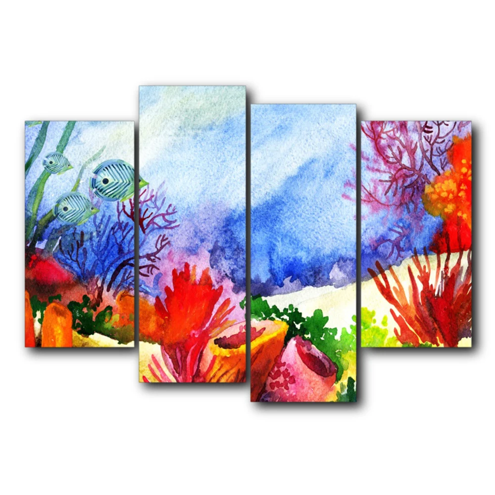 

Vintage Nordic 4 Panel Canvas Underwater Fish Posters and Prints Abstract Wall Artwork For Home Living Room Decoration No Frame