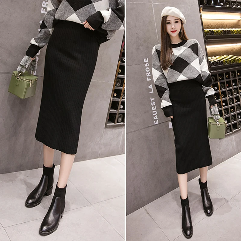 ATKULLQZ Высокое качество классический дикий осень и зима новая шерстяная юбка вязаная женская длинная юбка высокая талия тонкая для похудения открытая юбка