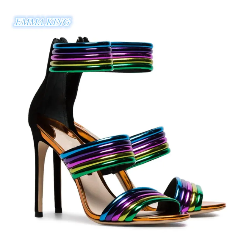 

Summer 2019 Open Toe High Heels Women Rainbow Sandals Suede Patchwork Back Zipper Stilettos Fashion Contrast Colors Ladies Shoes