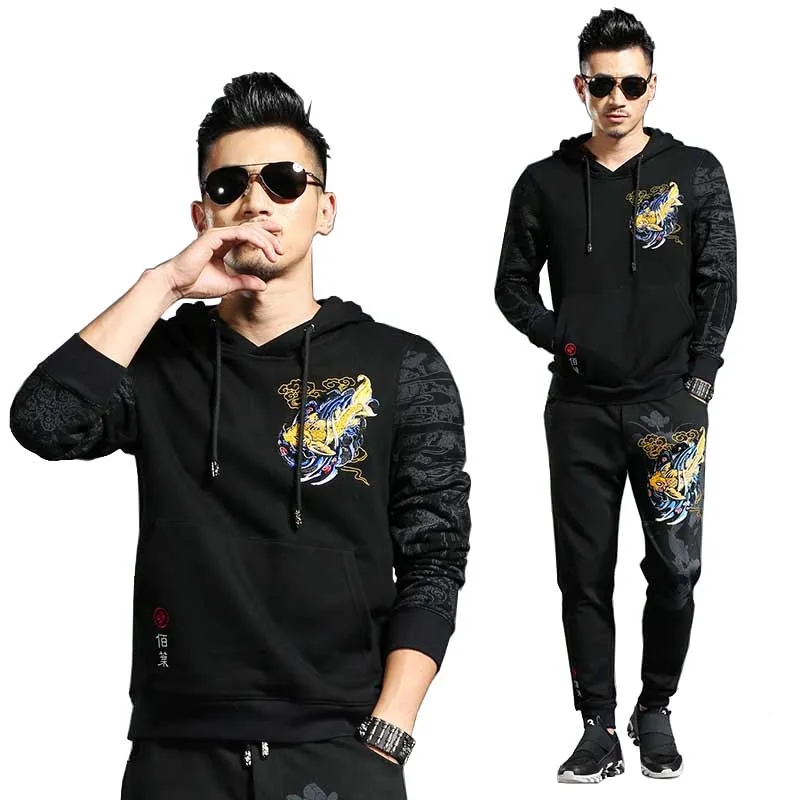 Embroidery Fish Two Piece Tracksuit Men Hooded Sweatshirt Pants Sets Pullover Hip Hop Hoodies with Joggers Pants Black Trousers Embroidery Fish Two Piece Tracksuit Men Hooded Sweatshirt Pants Sets Pullover Hip Hop Hoodies with Joggers Pants Black Trousers