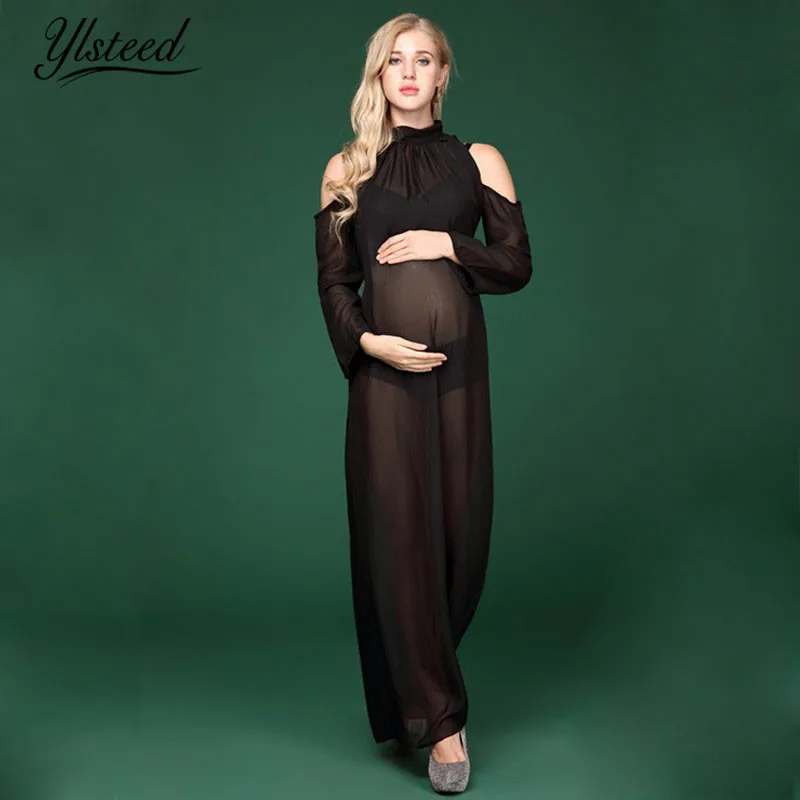 Maternity Photography Props Black Sheer Off Shoulder Chiffon Maternity Dress For Pregnancy Maxi Maternity Photography Dress black dress with cold shoulder
