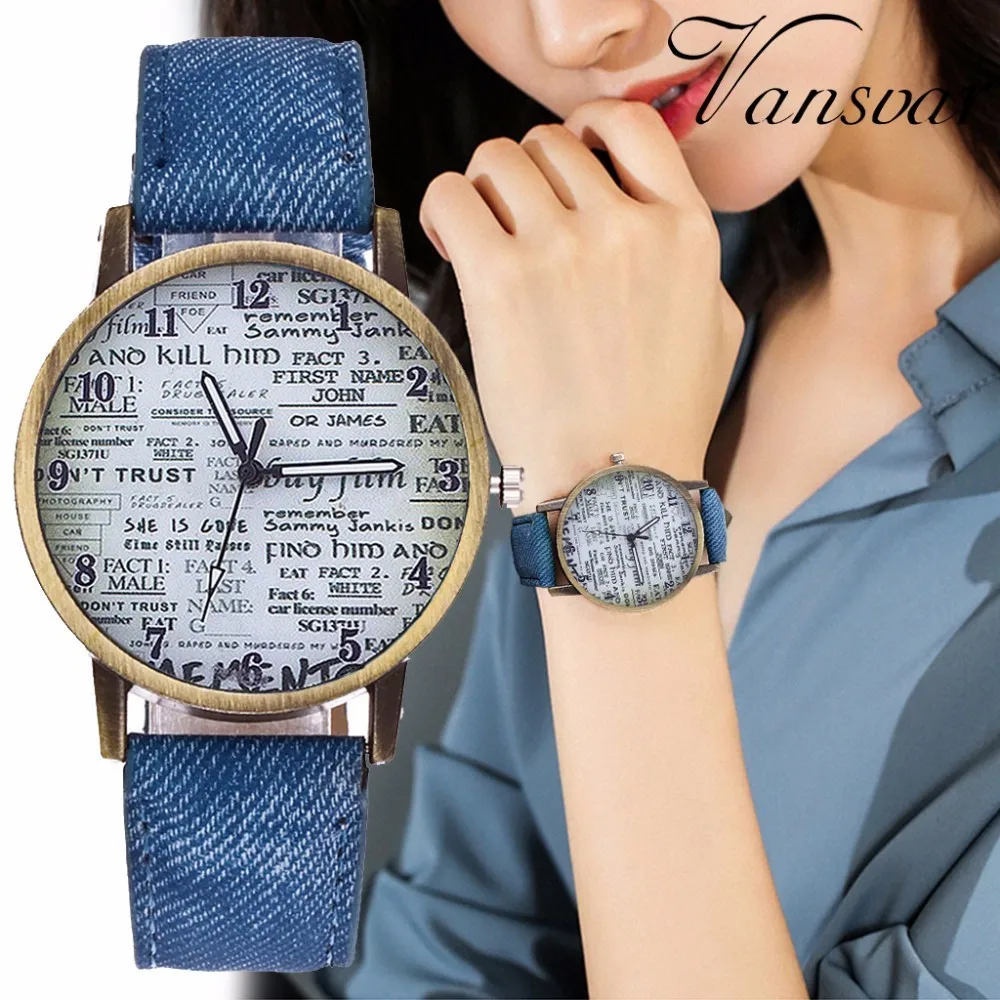 Vintage Jeans Strap Watch For Women Antique Leather Newpaper Watch