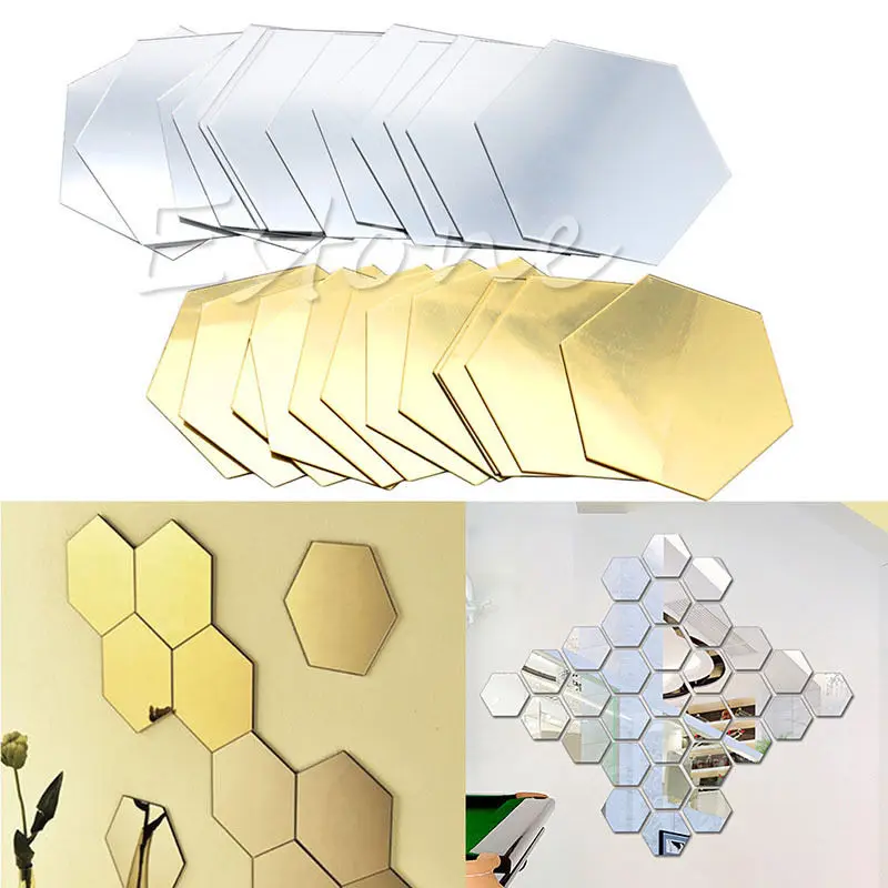 12Pcs 3D Mirror Hexagon Vinyl Removable Wall Sticker Decal Home Decor DIY