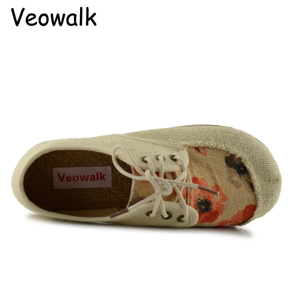 Veowalk/Женские повседневные лоферы из льна и хлопка с цветочной вышивкой ручной работы; винтажные прогулочные туфли на плоской подошве со шнуровкой; конопляная обувь; sapato feminino