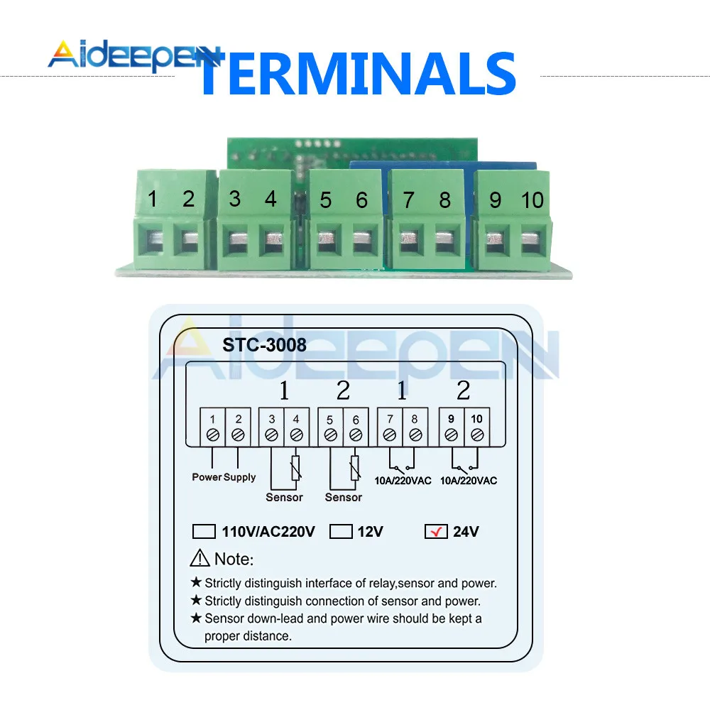 STC-3008, двойной цифровой регулятор температуры, два релейных выхода, термостат с датчиком, DC12V, 24 В, AC110-220V, домашний холодильник, прохладное тепло