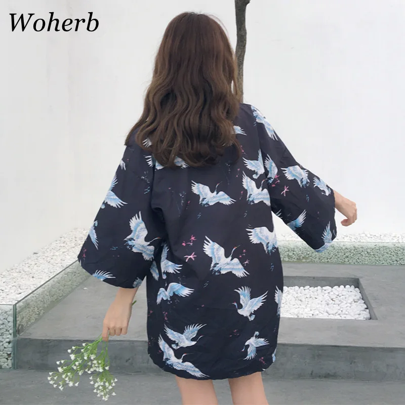Woherb 2020 летние топы размера плюс Кимоно Кардиган Женская блузка хараджуку с