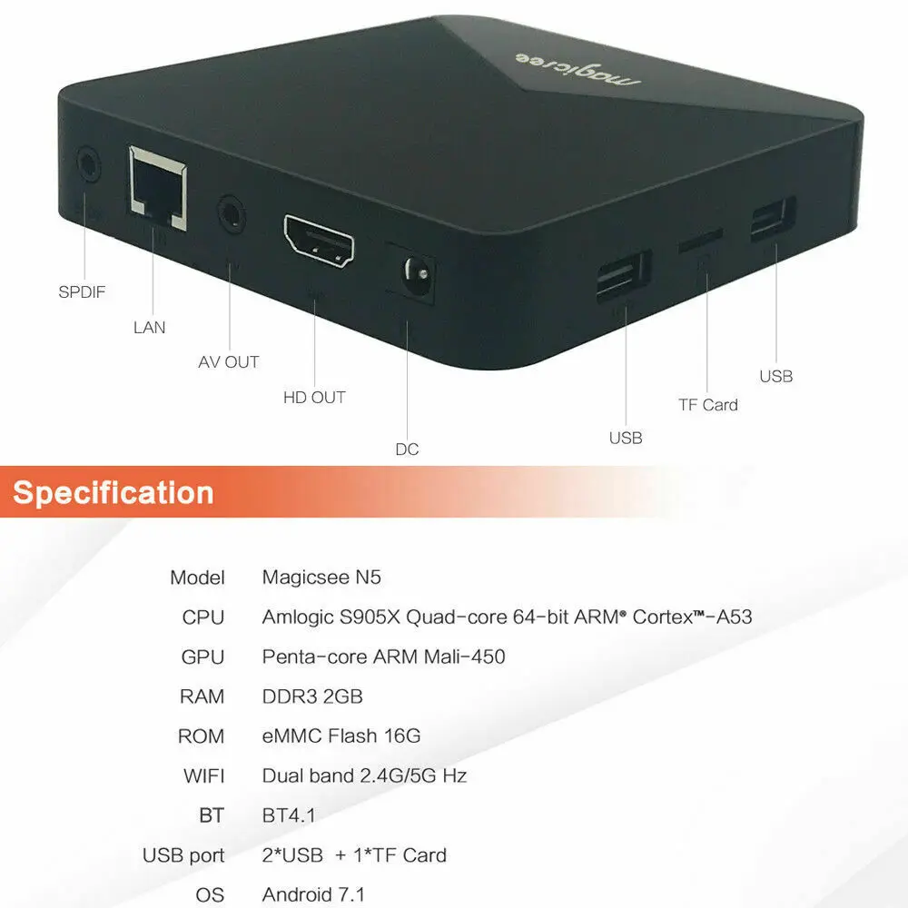 ТВ приставка MAGICSEE N5 Android TV OS Amlogic S905X 7.1.2 2 Гб ОЗУ + 16 ПЗУ 4G 5G WiFi 100 Мбит/с BT4.1 поддержка