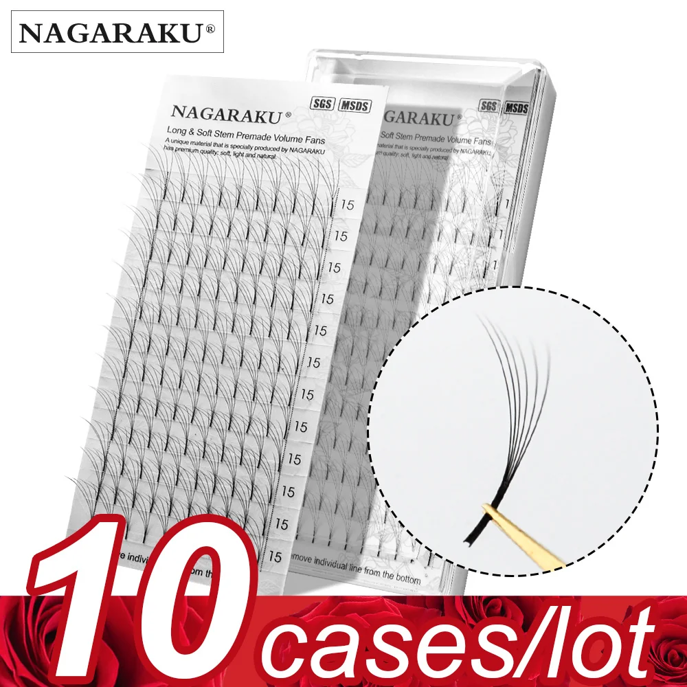 

NAGARAKU 10 trays Premade Volume Fans 3d/4d/5d/6d Lash Russian Volume Eyelash Extensions Pre made Fans Soft Light weight Make up