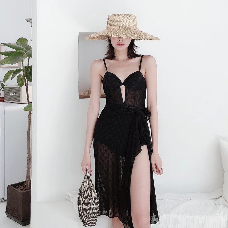 

Womens One Piece Bathing Suits 2019 Suit Dress Swimwear Women Plus Size Block Sexy Black Lace Veil Korea Solid Polyester Sierra