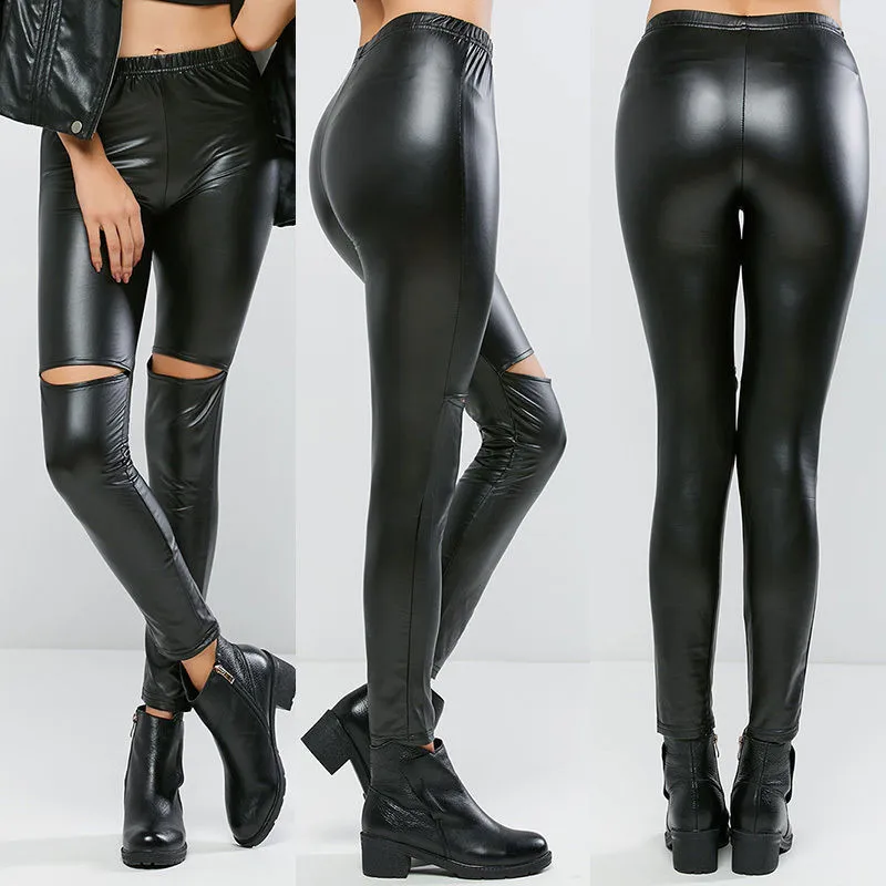 Sexy Women Skinny Stretchy Leggings Slim Pencil Pants Leather Trousers