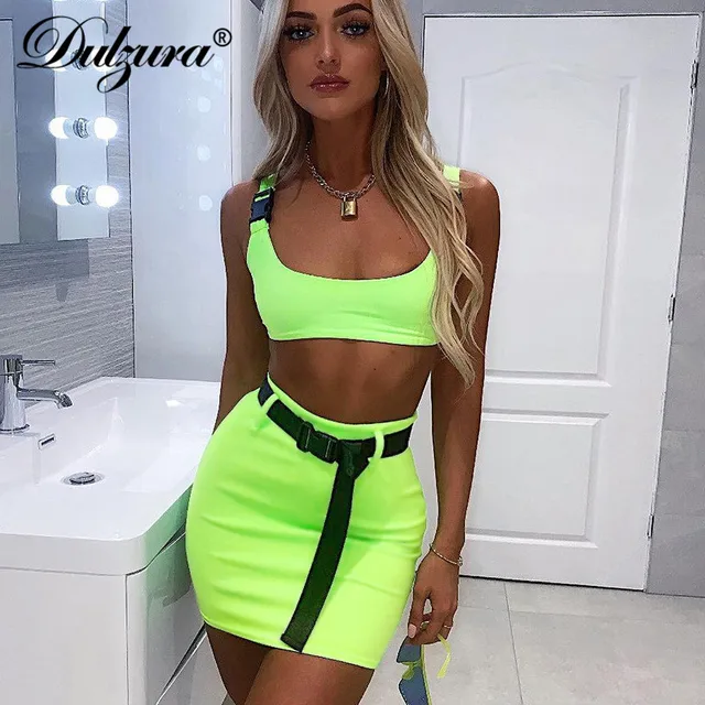 US $8.71 Dulzura 2019 summer women two pieces set skirt set bandage crop top tracksuit outfits streetwear 2 
