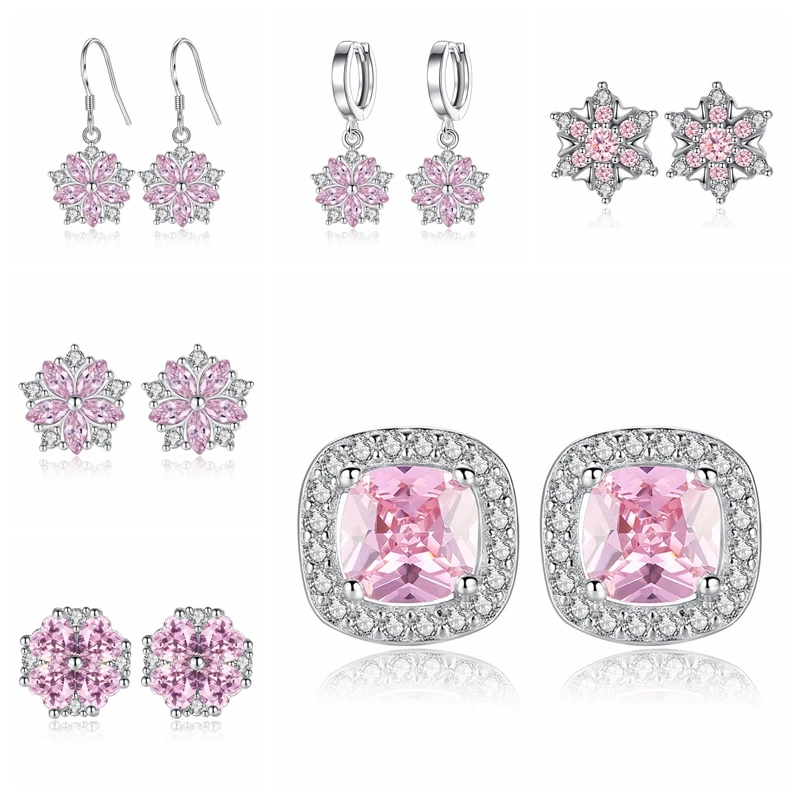 

2019 Pink White Crystal 925 Sterling Silver Stud Earring Flower Design Earring For Women Silver Jewelry Oorbellen
