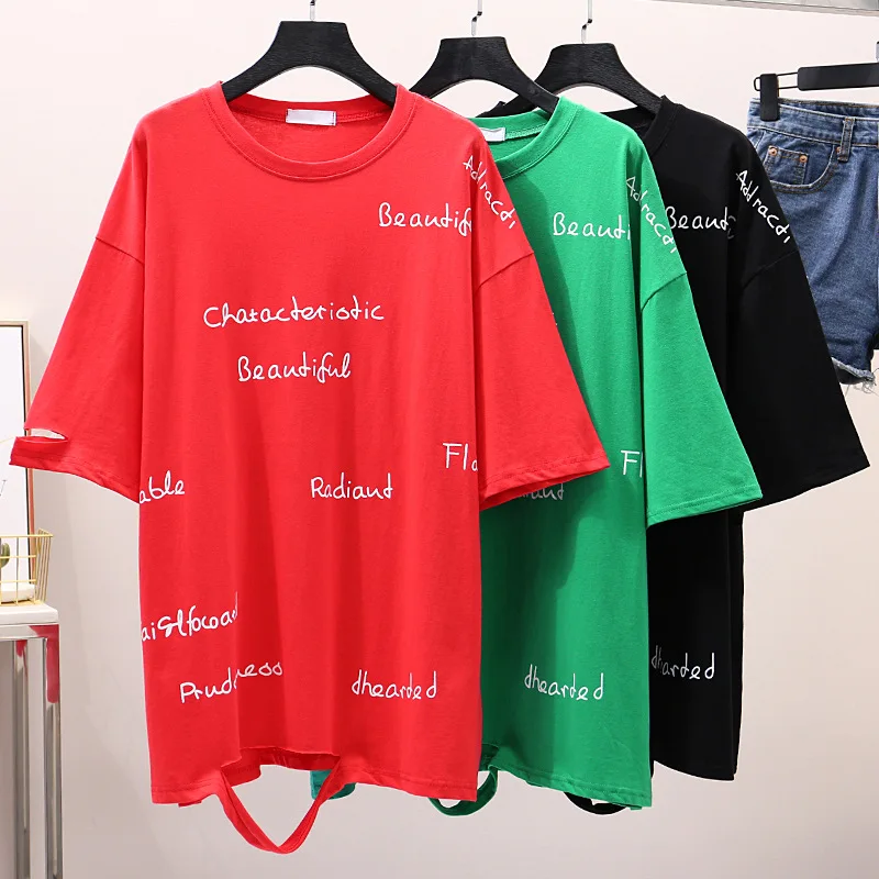 

2019 New Korean version of loose large size five-point sleeve hollow hole summer short sleeve T-shirt women's fashion lettered