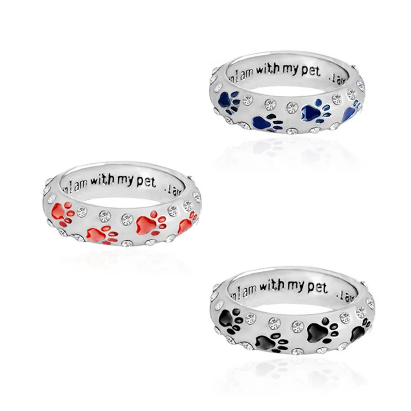 

"when I am with my pet" Black Red Blue Footprints Enamel Ring Rhinestones Animal Claw Dog Paw Rings For Women Men Jewelry Gifts