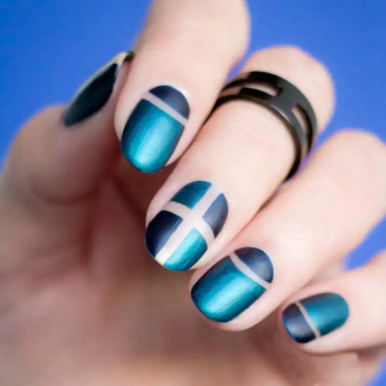 Elegant French Nail Art Design Dark Blue Strips Style for