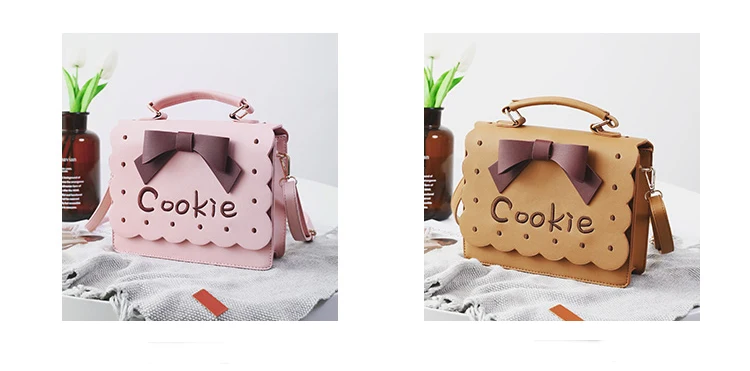 Kawaii Girl Cookie Priting Brown Flap Messenger Bag Bow Lolita Style Pink Handbag Joker Leisure Sweet Scrub PU Shoulder Bag01