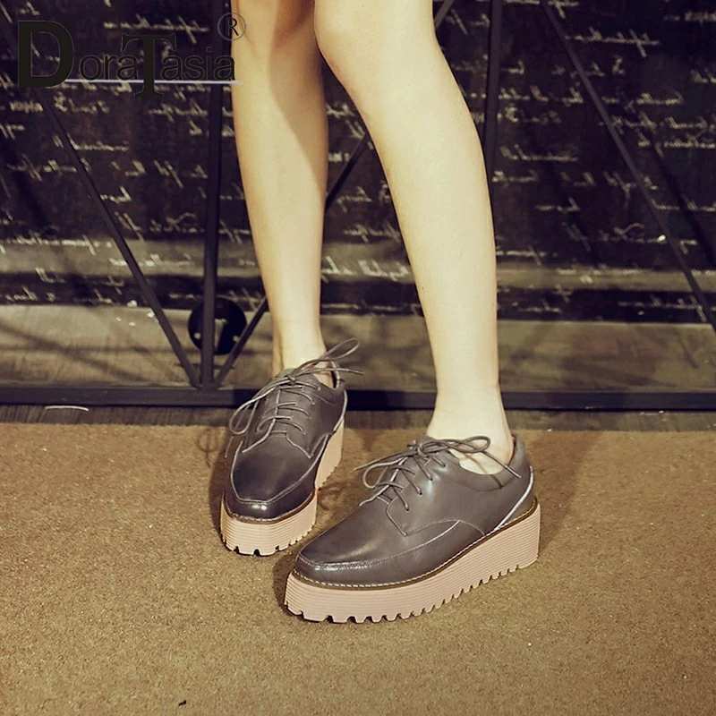 

DoraTasia 2019 New Arrival Plus Size 34-43 British Style Genuine Leather Flats Women Lace Up Flat Platform Leisure Shoes Woman