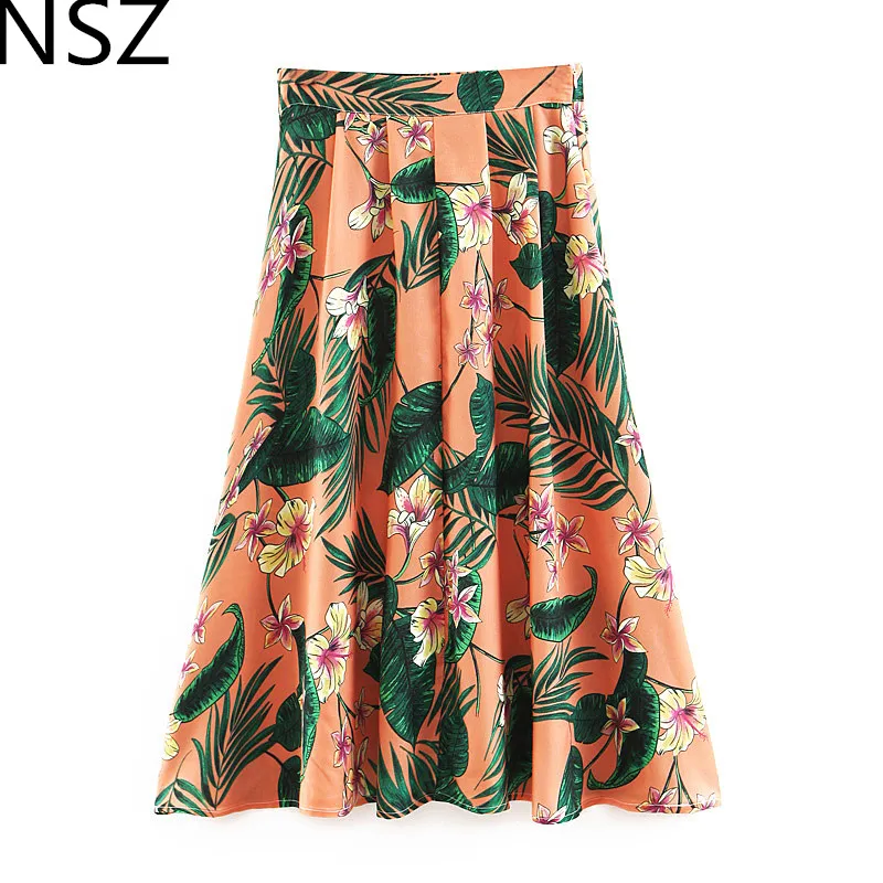 

NSZ Women Tropical Print Leaves Floral Maxi Skirt Side Zipper Loose High Waist Midi Skirt Faldas mujer