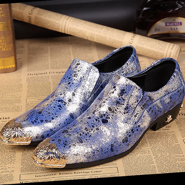 

Blue/gold Men Business Casual Round Toe Leather Shoes Print Trend Metal Toe Low-heeled Men Shoes