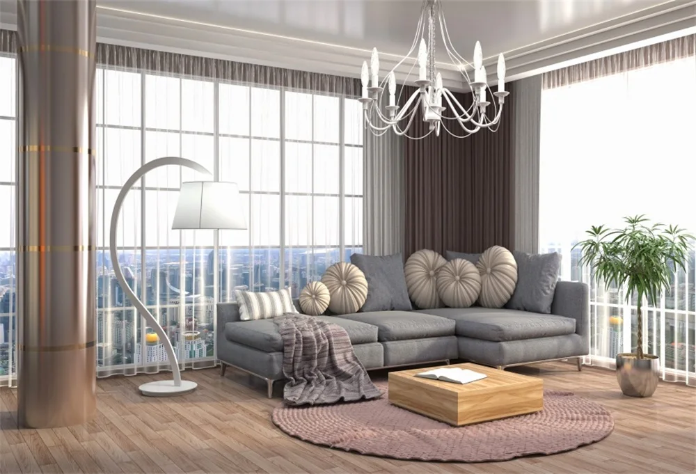 

Laeacco Photo Backgrounds Warm Living Room Sofa Chandelier French Window Interior Photographic Backdrops Photocall Photo Studio