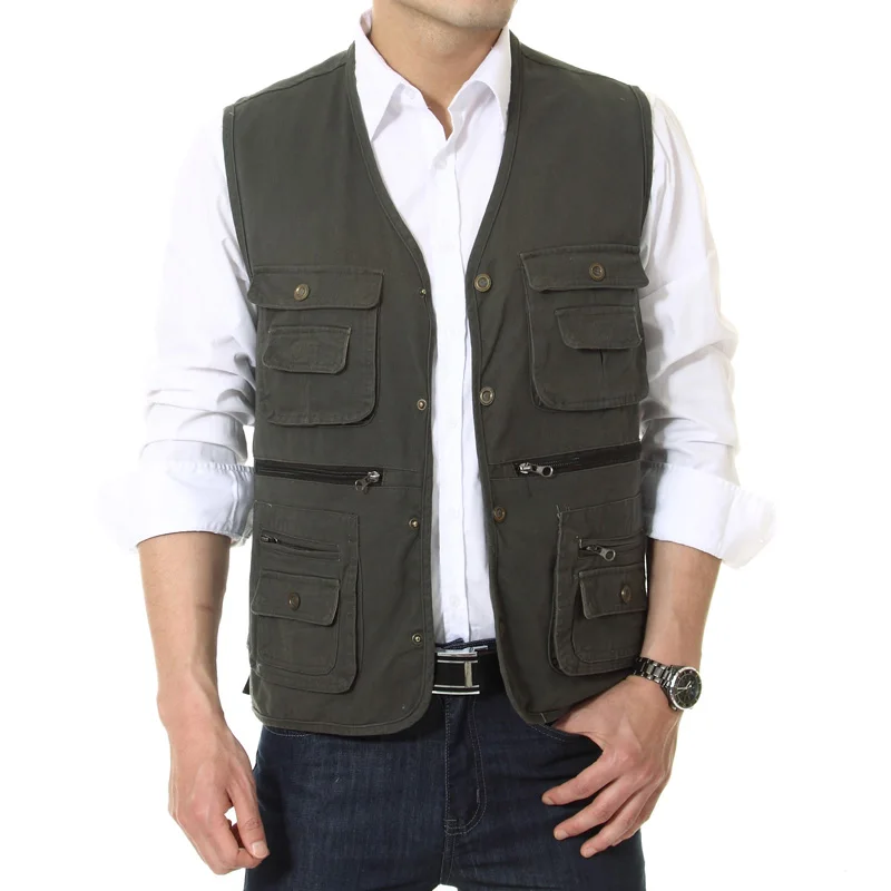 

Man Leisure Vest Multi Function Pockets Design Waistcoat Male Casual Daily Cotton Herringbone Gilets Men V-neck Vests Army Green