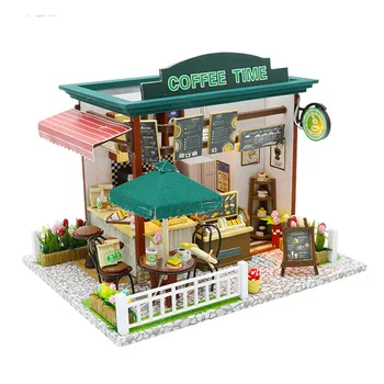 

Miniature Coffee Shop Dollhouse Furniture Accessories Kits DIY Wooden Dolls House LED Lights Puzzle Toy Children Birthday Gift