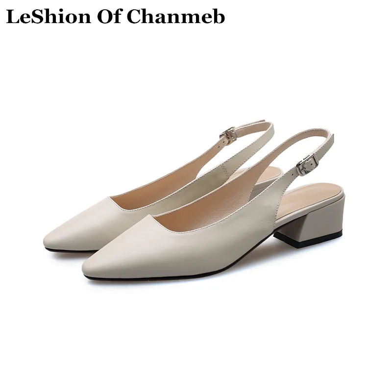 

Real Cow Leather Slingback Pumps for Women Black Nude Block Heels Spring Summer Shoes Female Medium Heels Shoes calzado mujer