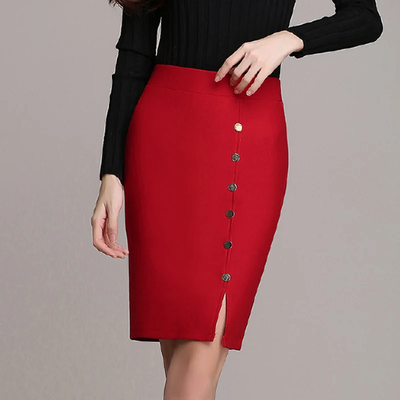 Women Trendy Slim Stretch Red Pencil Skirts Fashion Formal Black Work