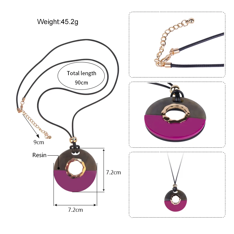 Guanlong Classic Fashion Acrylic Necklace Women With Big Resin Round Geometric Pink Pendant Long Leather Chains Necklace Jewelry