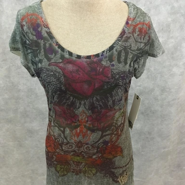 Whitetag Premium Denim top Size XL short sleeve floral striped NEW