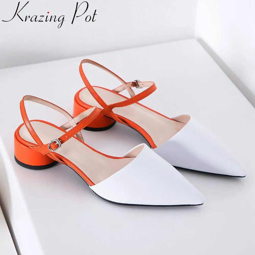 

Krazing Pot mixed colors natural leather round low heels buckle strap women sandals office lady pointed toe dress suit shoes L77