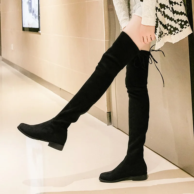 MORAZORA/ г. Новые женские сапоги эластичные ботфорты из искусственной замши высокие сапоги до бедра на плоской подошве Женская длинная осенне-зимняя обувь серого цвета