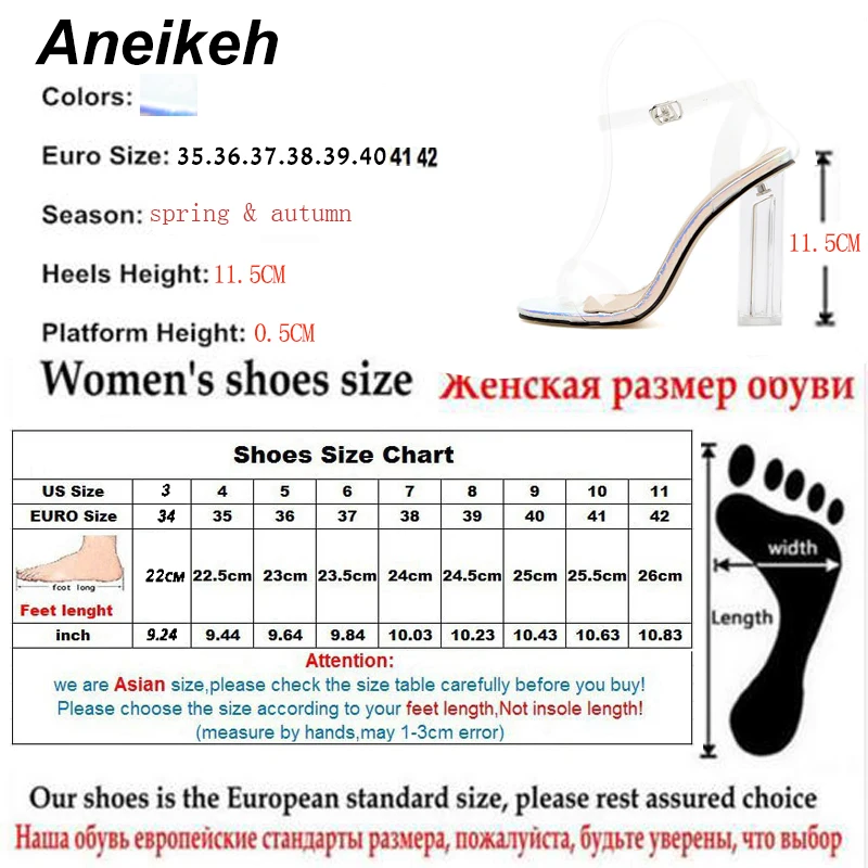 Aneikeh Women Sandals Ankle Strap Perspex High Heels PVC Clear Crystal Concise Classic Buckle Strap High Quality Shoes size35-42