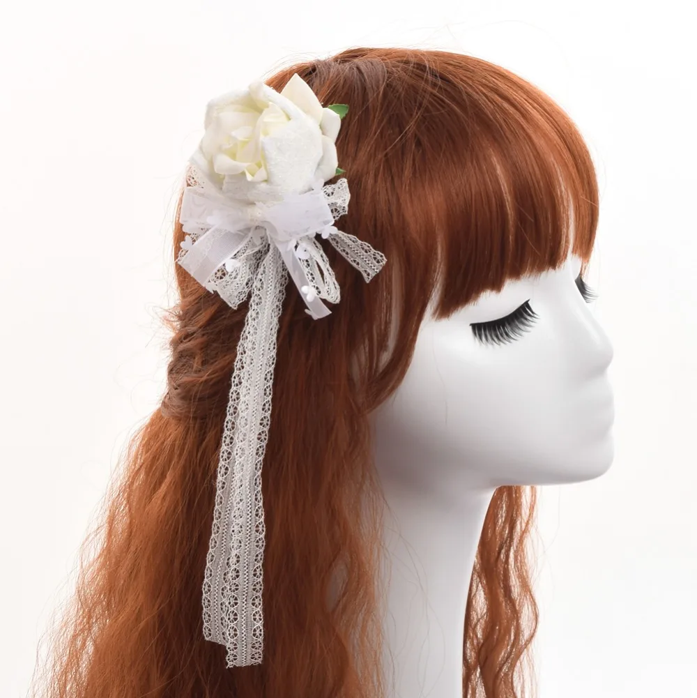 

Women Lolita Rose Crown Hairclip White Lace Bow Ribbon Hairpins Headwear