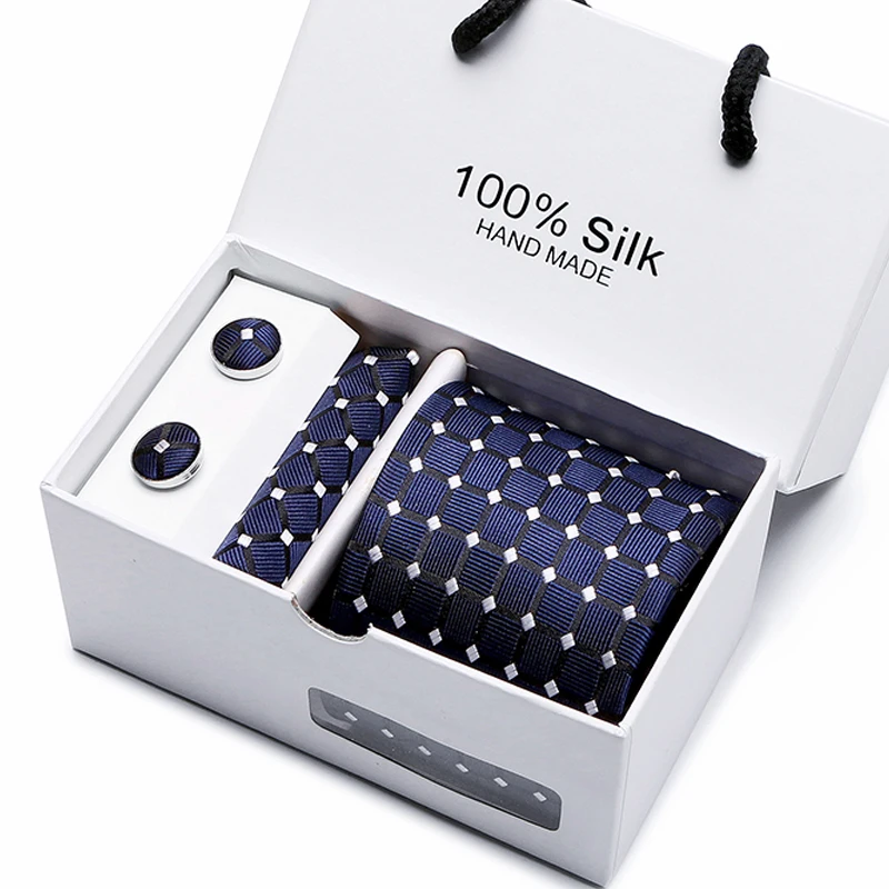  Gift box packing men brand luxury necktie pocket square wedding men's neck ties silk tie set cuffli