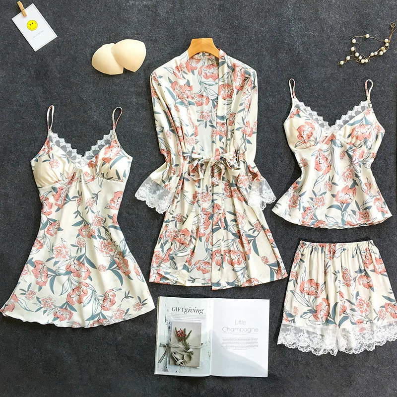 

White Womens 4PC Pajamas Suit Strap Top Pants Sleepwear Sets Spring Home Wear Nightwear Bathrobe Sexy Kimono Robe Bath Gown