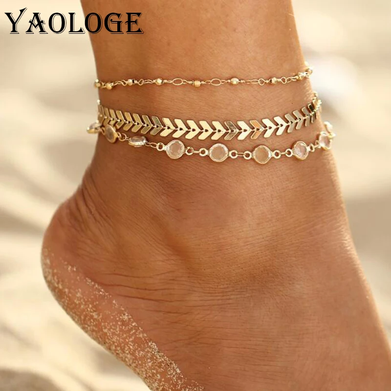 

YAOLOGE Hot Sale Fashion Simple Three-piece Suit Metal Anklet Inlaid Rhinestone Bracelet Bohemia Statement Jewelry For Women New