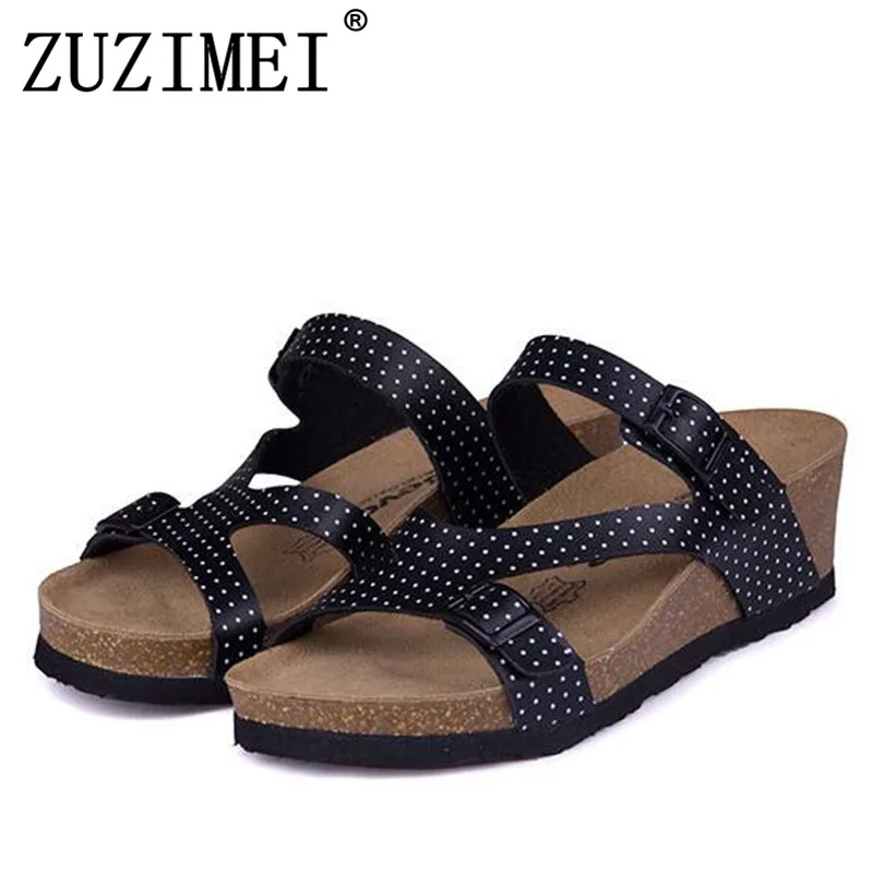 

Fashion Women Cork Wedge Slipper 2019 New Summer Beach Buckle Trifle Platforms Med Heel Flip Flops Sandals Shoe 25 color