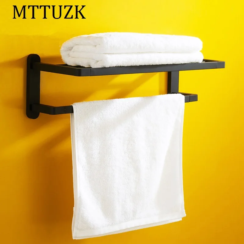 MTTUZK Black square high grade bathroom towel rack wall mounted bathroom Double layer Shelf toalheiro free