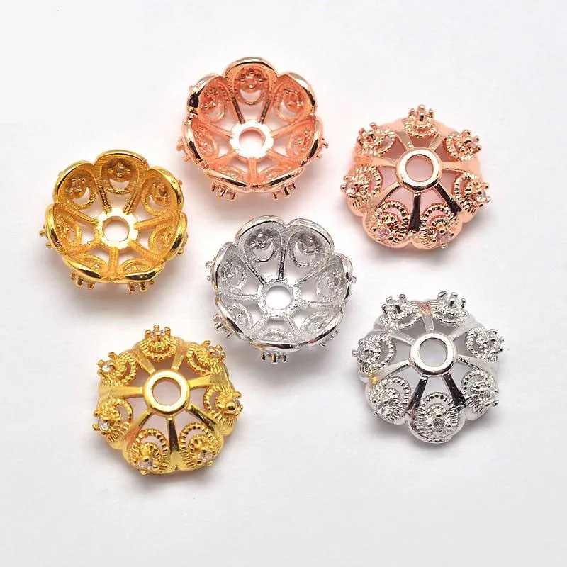 

10pcs 8/11mm Mixed Color Micro Pave Cubic Zirconia Filigree Hollow Flower Spacer End Bead Caps for Jewelry Making Hole: 1.5mm