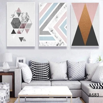

Canvas Wall Painting with Combination Things Multicoloured Linear Triangular Image Pink Hexagon for Home Decoration