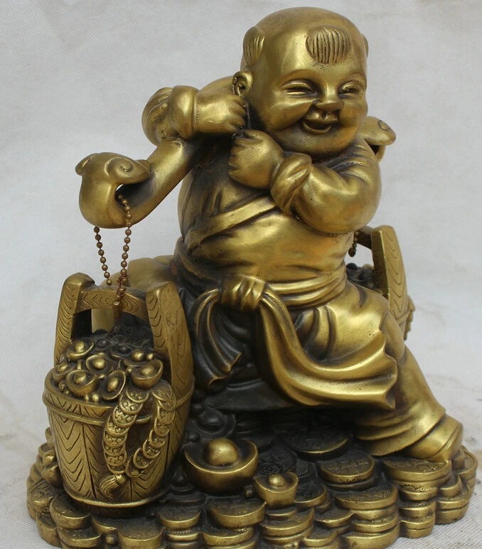 

S5922 10" Chinese Copper Feng Shui Ru Yi Wealth Treasure bowl Tong Zi Boy Statue D0318